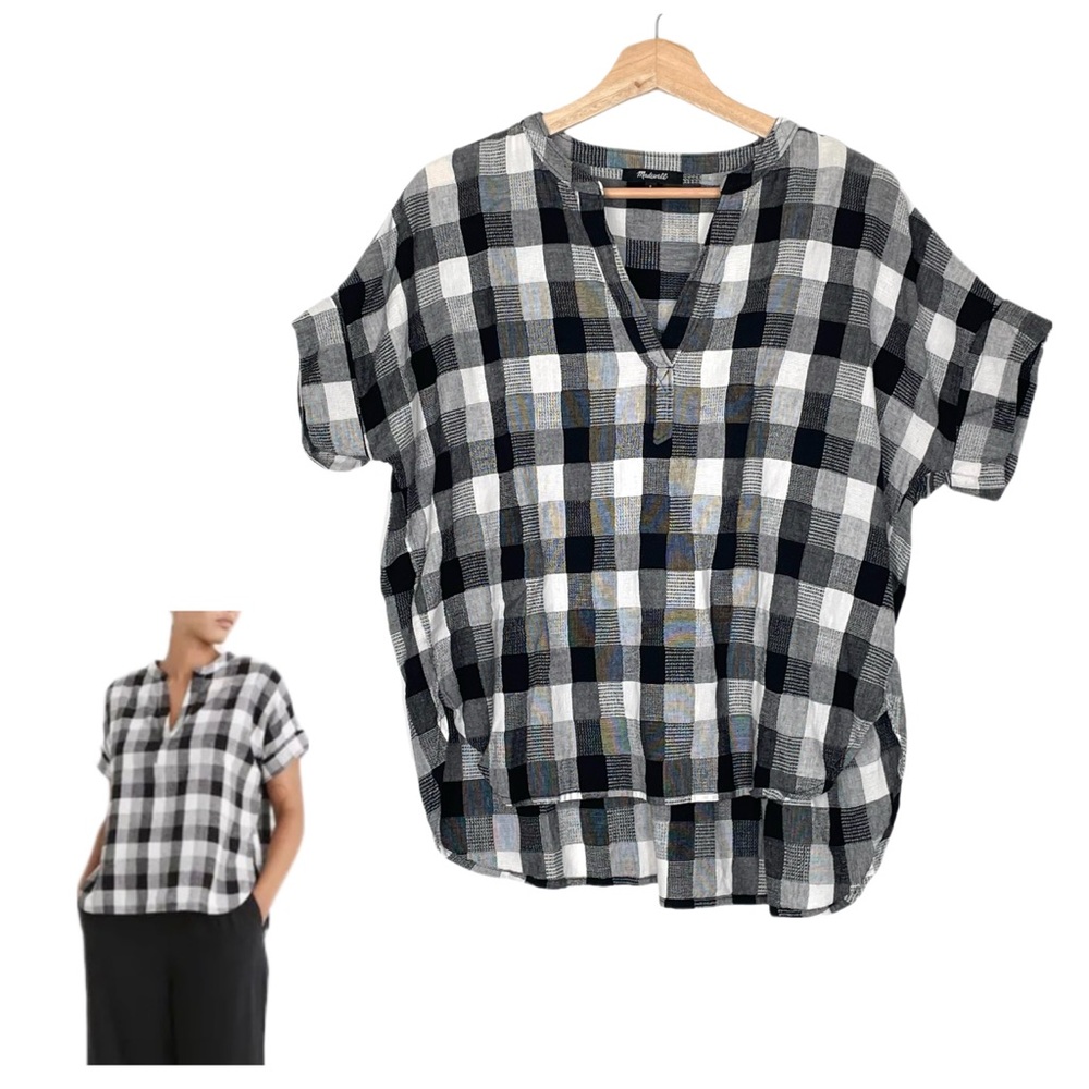 Madewell Lakeline Popover Top Black White Textured Gingham Oversized Small
